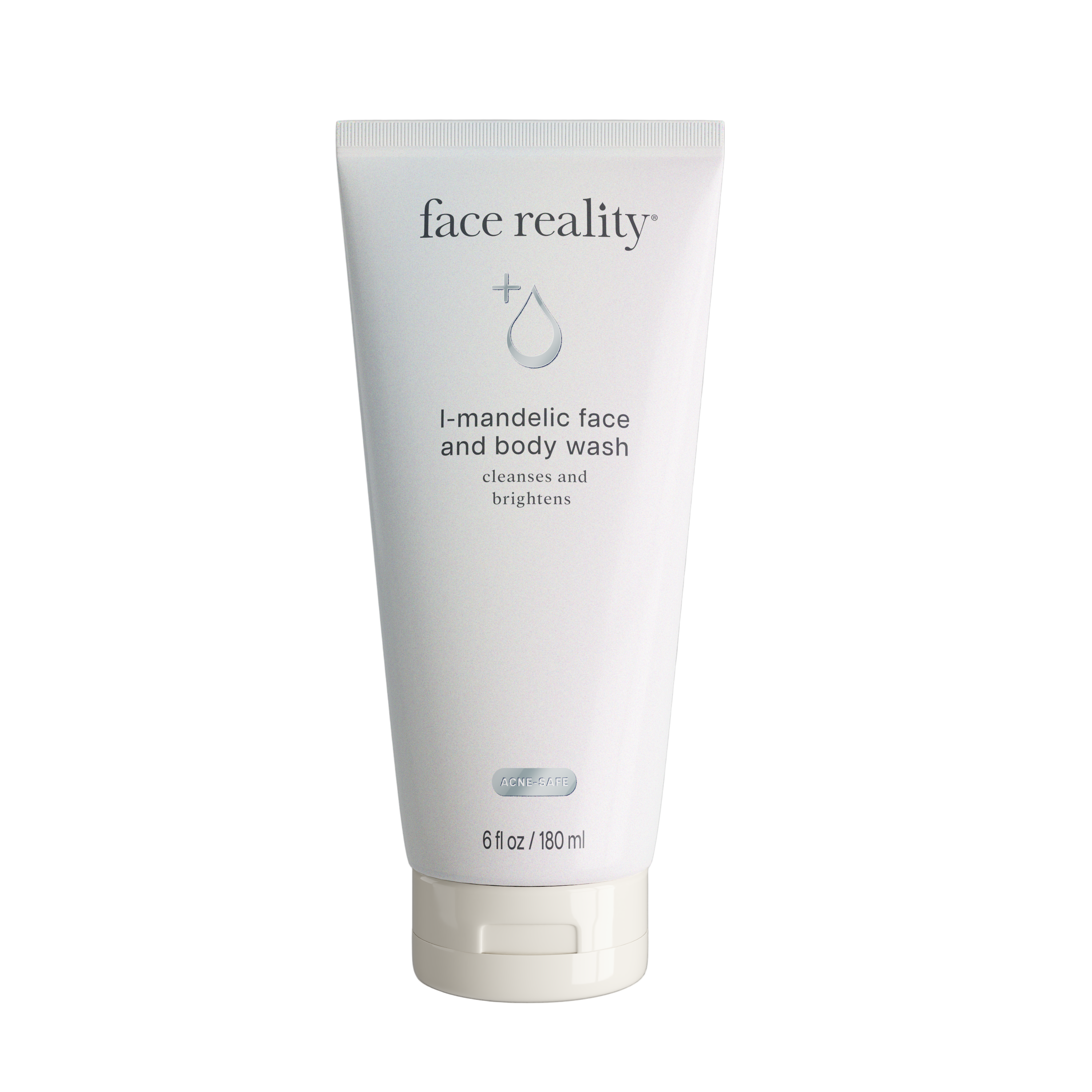 Tube of face reality i-mandelic face and body wash on a gray background